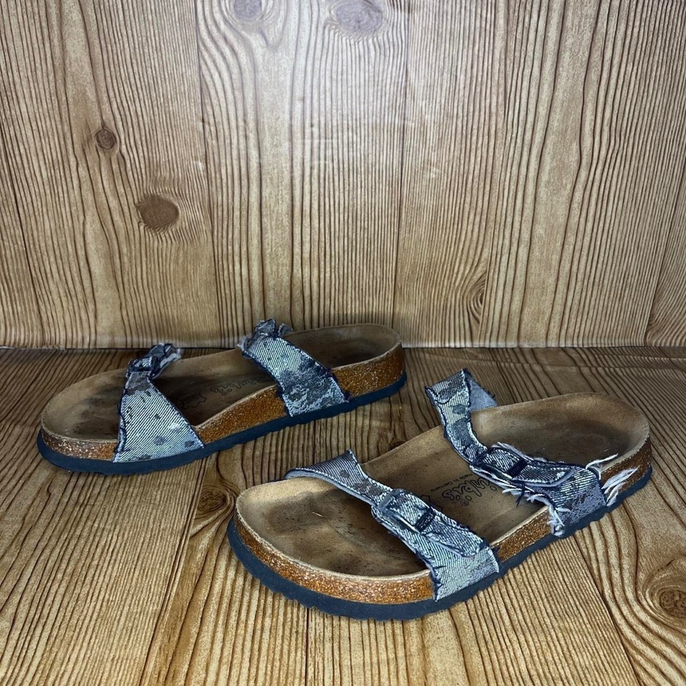 Birki’s by Birkenstock slide on distressed metallic denim sandals Women’s 9
